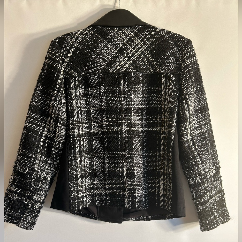 CHICO’S TWEED & FAUX LEATHER MOTO JACKET SILVER TONE HARDWARE WOMEN’S SIZE 1 - Picture 10 of 10